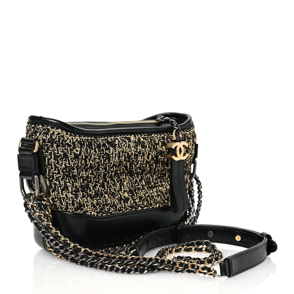 Tweed Calfskin Quilted Small Gabrielle Hobo Black Gold
