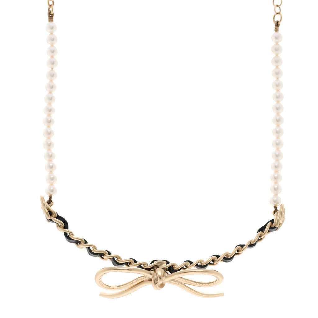 Calfskin Pearl Metal CC Bow Choker Necklace Gold White Black