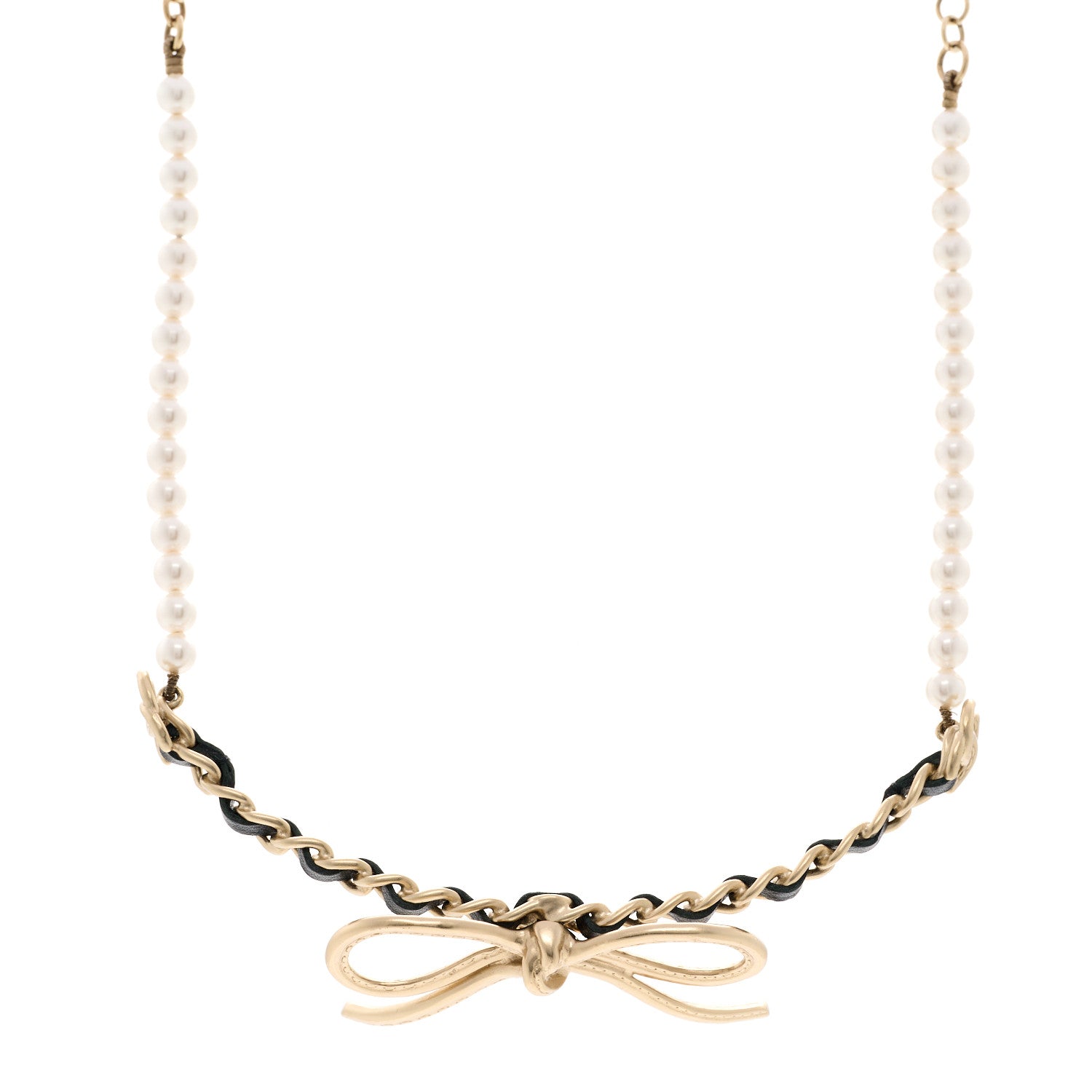 Calfskin Pearl Metal CC Bow Choker Necklace Gold White Black