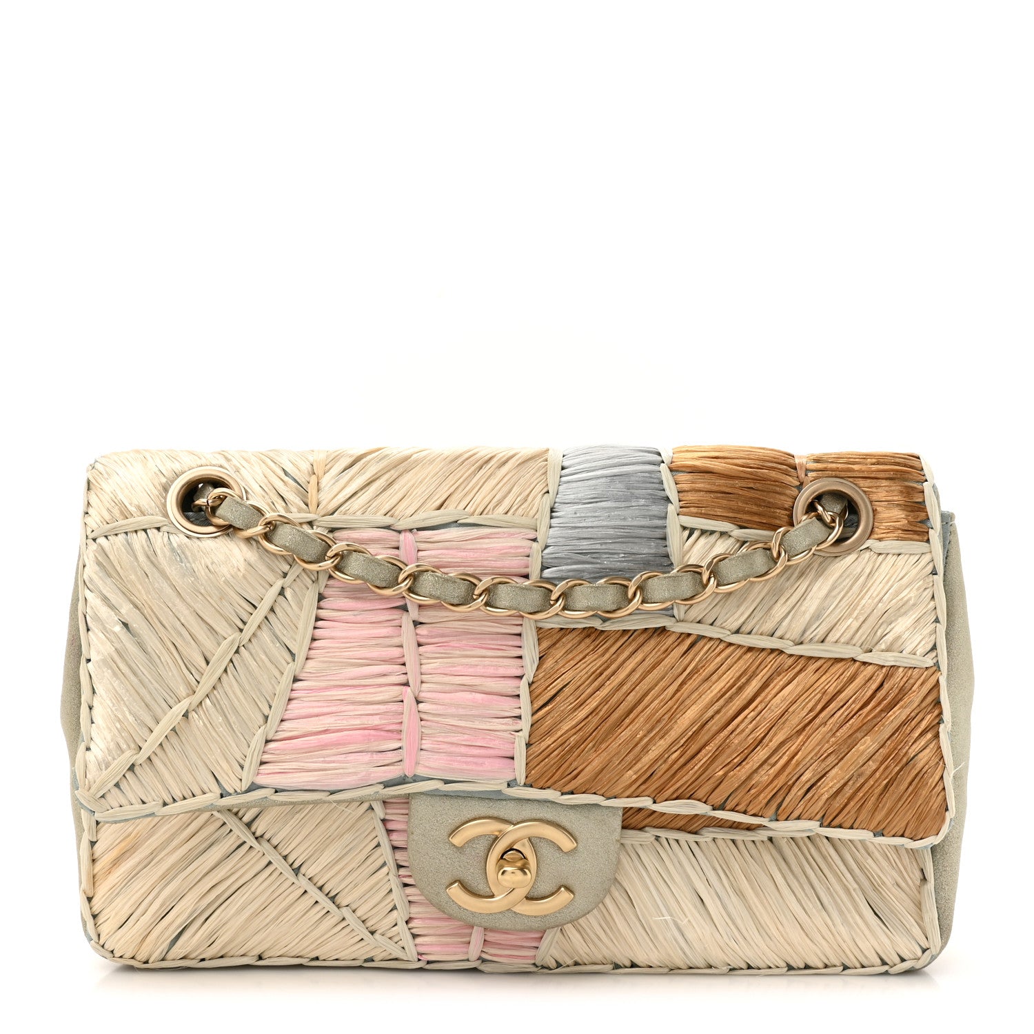 Metallic Woven Raffia Patchwork Single Flap Green