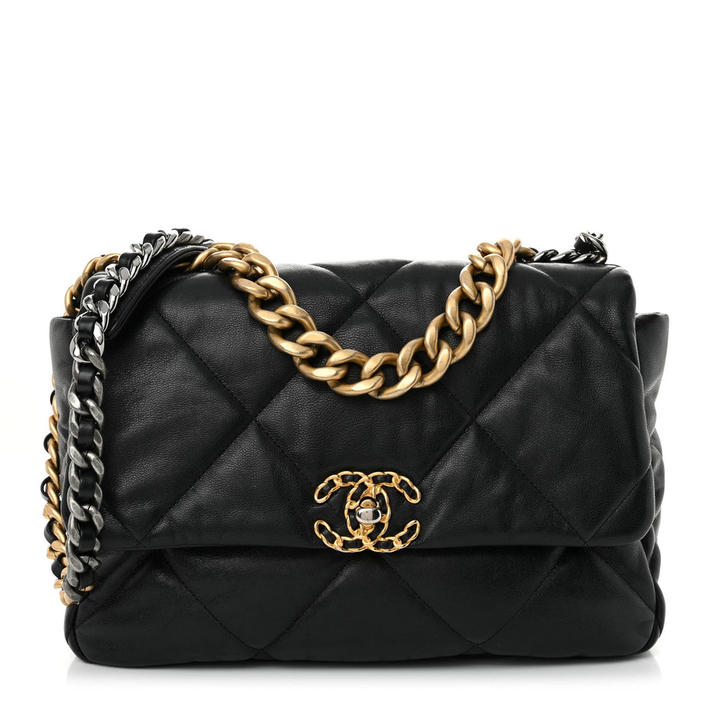 Shiny Goatskin Quilted Large Chanel 19 Flap Black