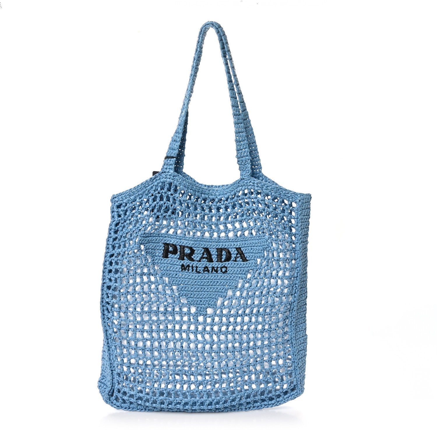 Yarn Raffia Effect Crochet Logo Embroidered Tote Bag Celeste