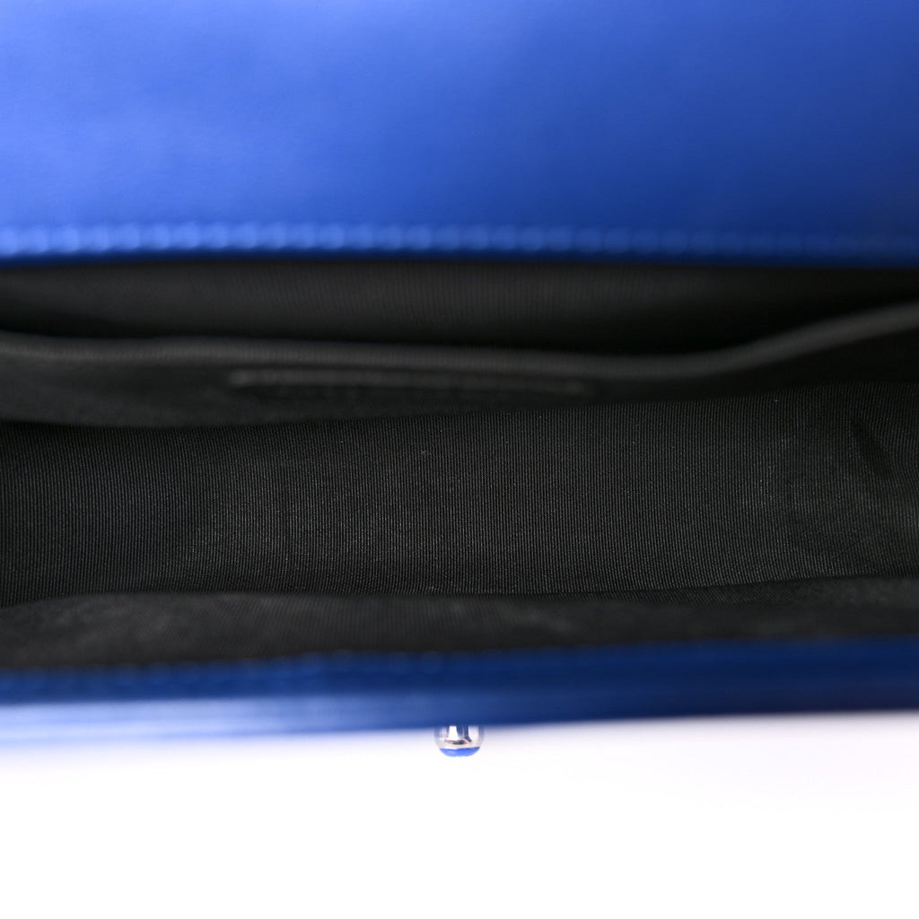 Patent Calfskin Quilted Medium Plexiglass Boy Flap Blue