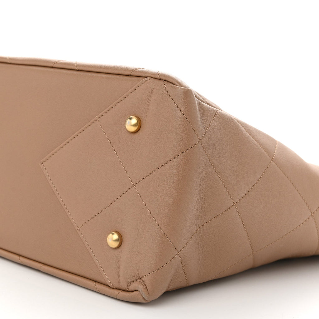 Calfskin Quilted Chain Shopping Tote Beige