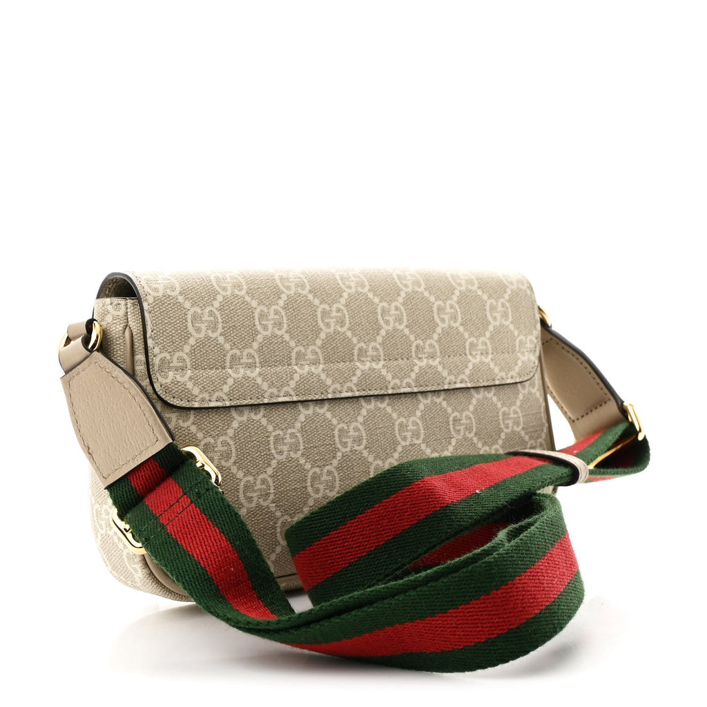 GG Supreme Monogram Textured Dollar Calfskin Web Mini Ophidia Envelope Shoulder Bag Beige Mystic White Oatmeal