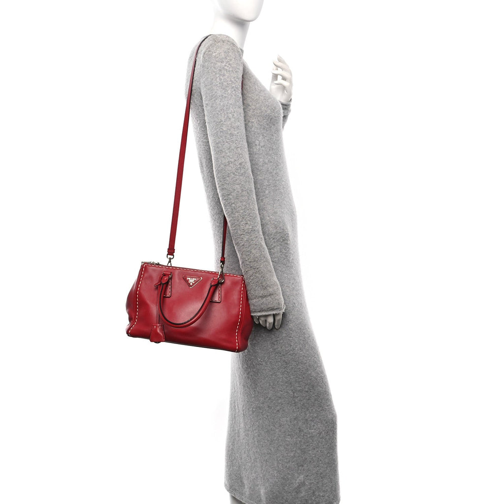 City Calf Small Hand Stitched Galleria Double Zip Tote Fuoco White