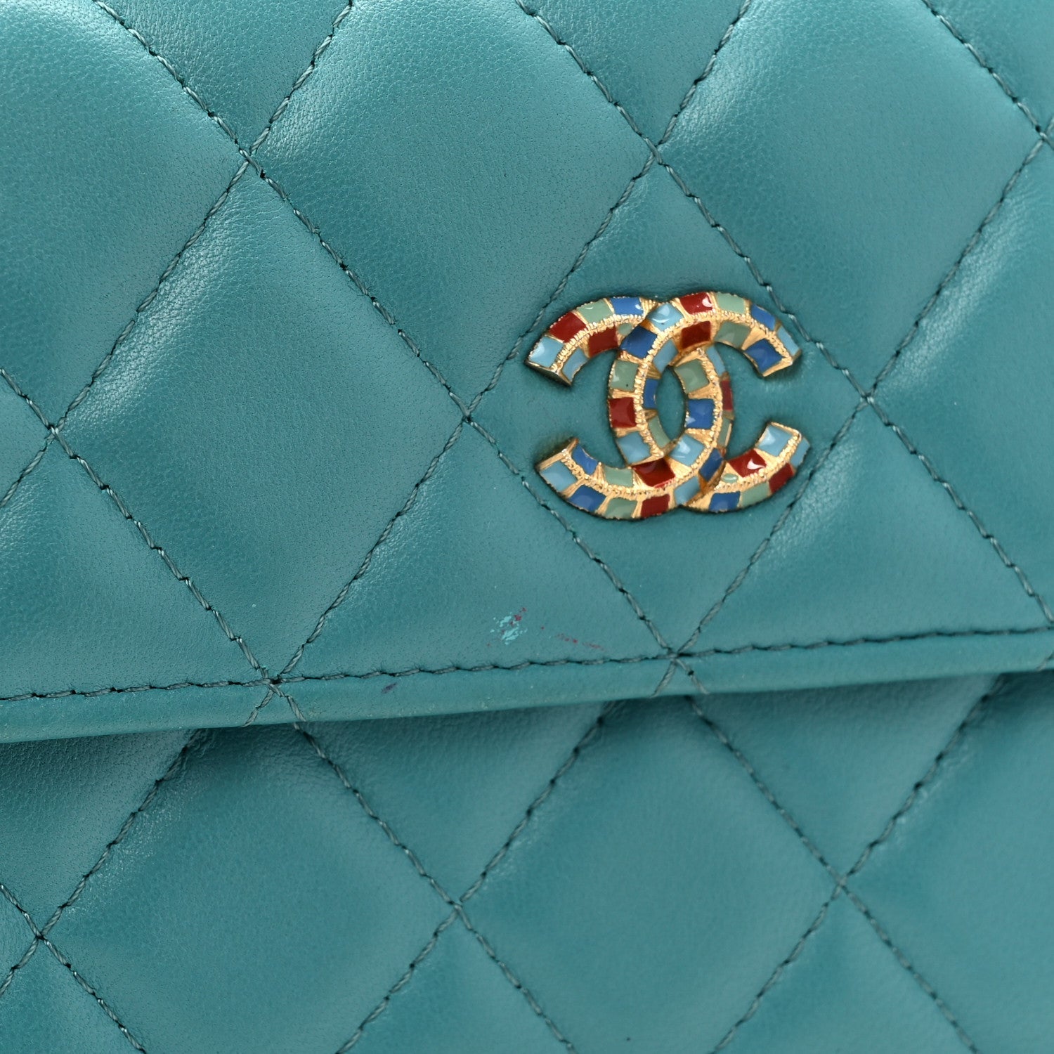 Lambskin Gripoix Quilted Gusset Flap Wallet Turquoise