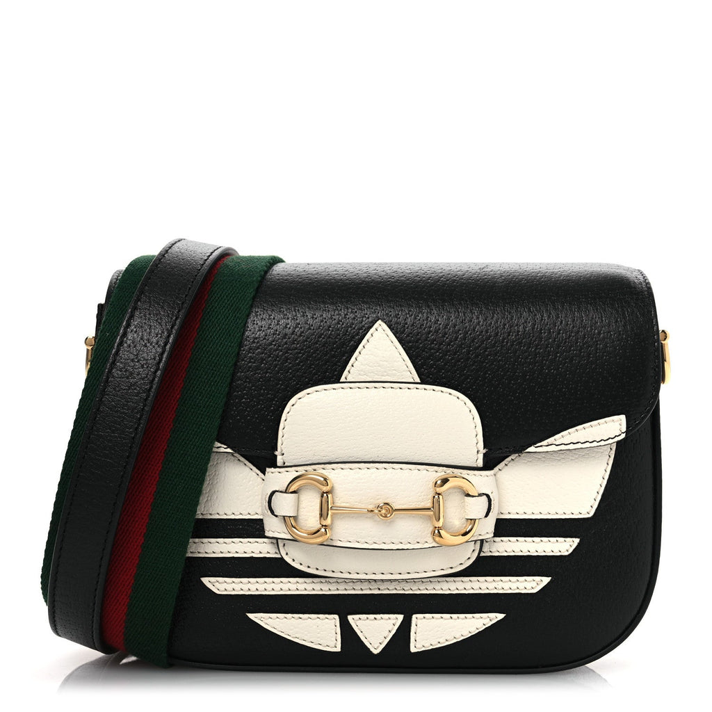 X ADIDAS Textured Dollar Calfskin Web Trefoil Mini Horsebit 1955 Shoulder Bag Black Off White