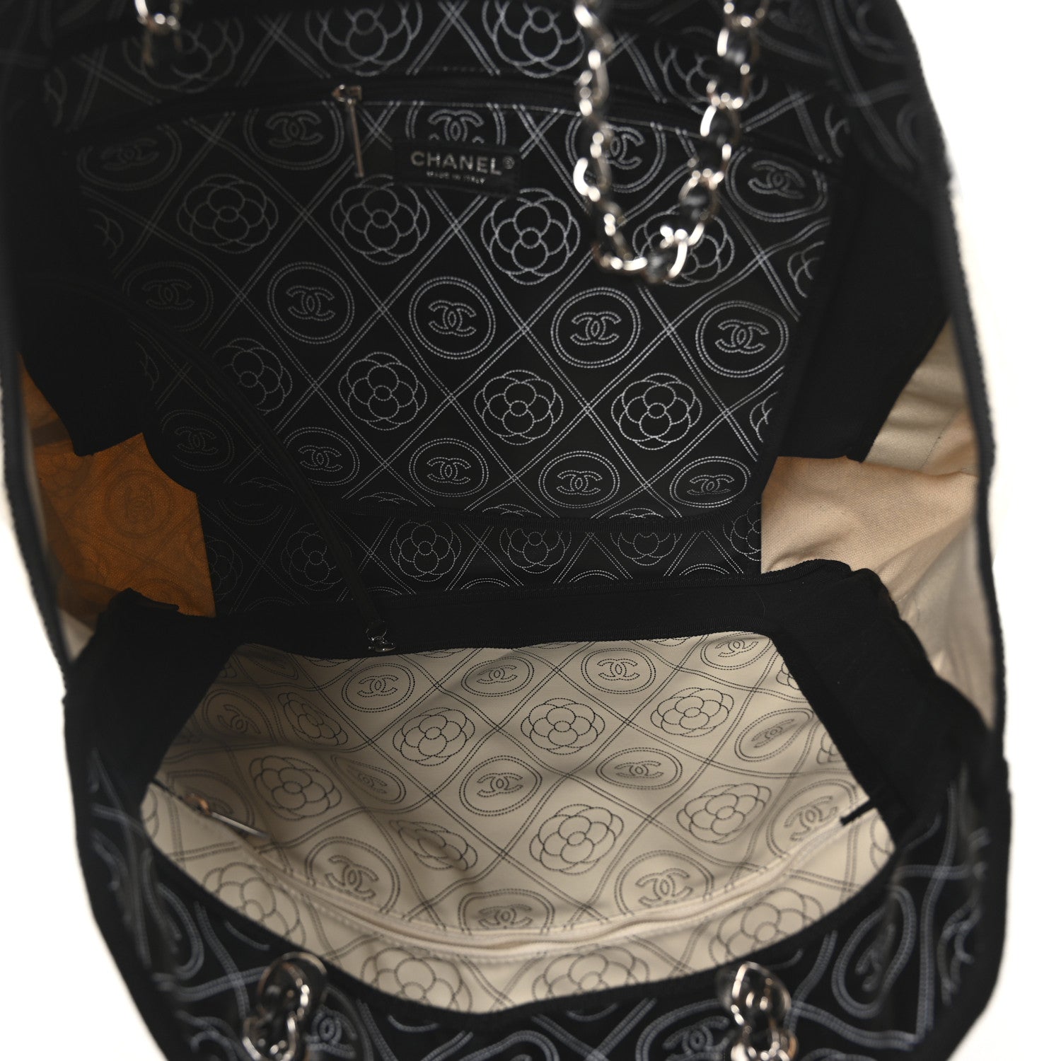 Coated Canvas Camellia Medium Shopping Tote Black Beige