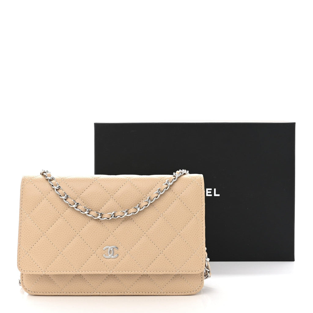 Caviar Quilted Wallet on Chain WOC Beige