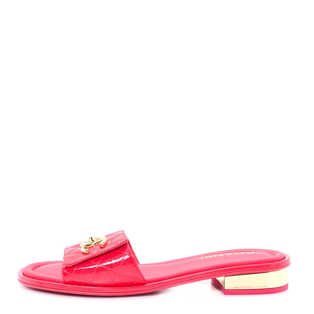 Patent Goatskin Quilted CC Sandals 38 Dark Pink