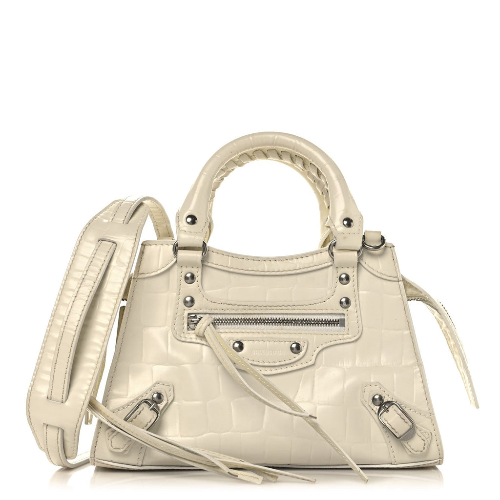 Semi Shiny Calfskin Crocodile Embossed Neo Classic Silver Hardware Mini City White