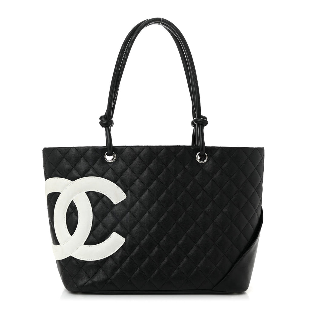 Calfskin Quilted Large Cambon Tote Black White