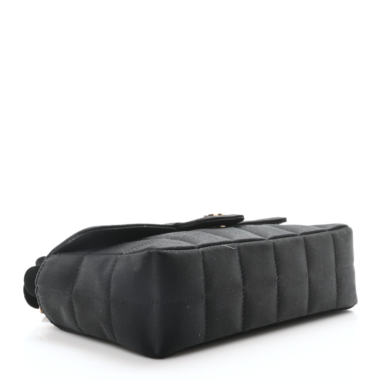 Satin Chocolate Bar Quilted Camellia Rectangular Mini Flap Black