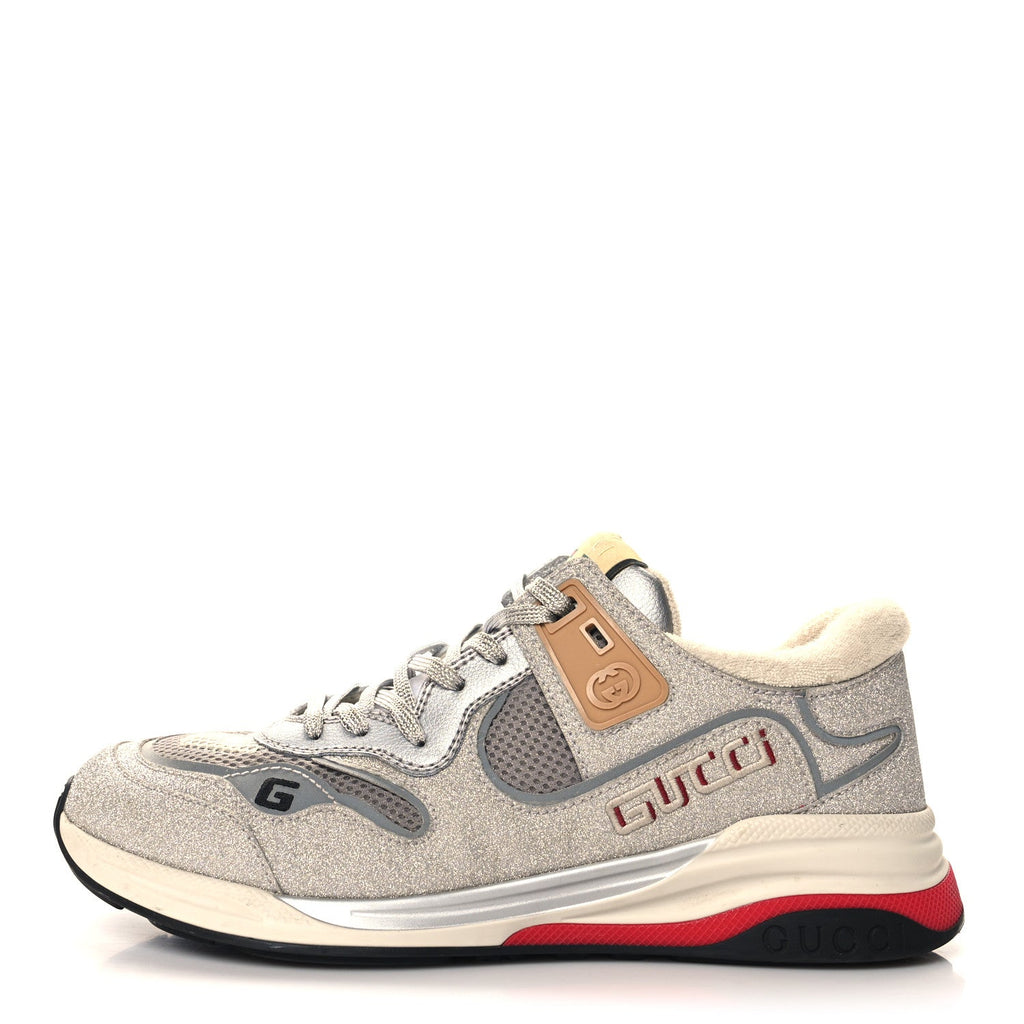 Metallic Calfskin Glitter Mesh Mens Ultrapace Sneakers 8 Silver Light Grey Mystic White