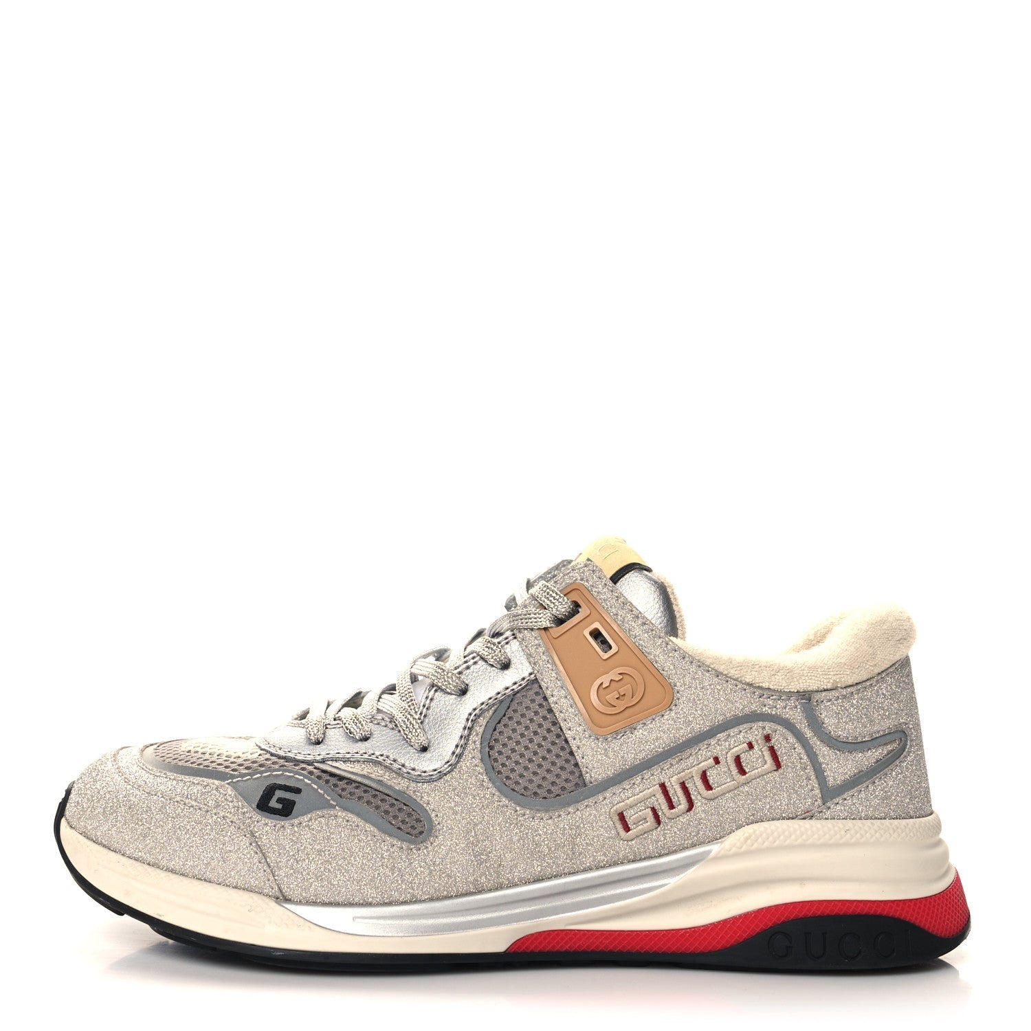 Metallic Calfskin Glitter Mesh Mens Ultrapace Sneakers 8 Silver Light Grey Mystic White