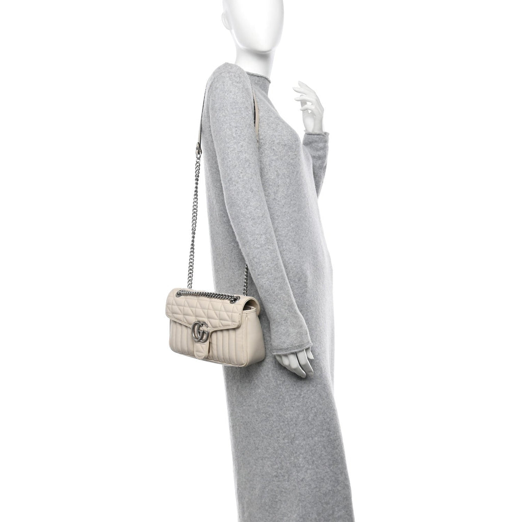 Calfskin Matelasse Aria Small GG Marmont Shoulder Bag Mystic White