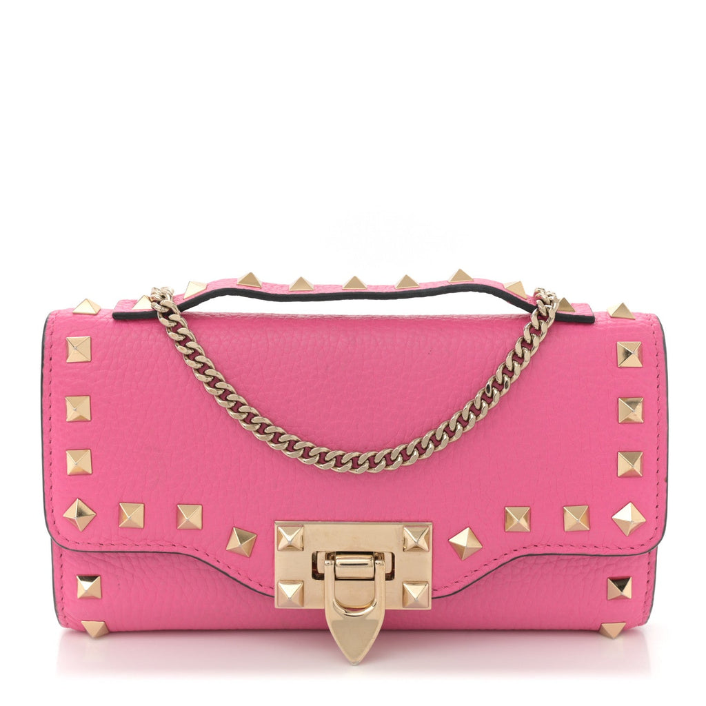 Pebbled Calfskin Rockstud Flip Lock Wallet On Chain Feminine Pink