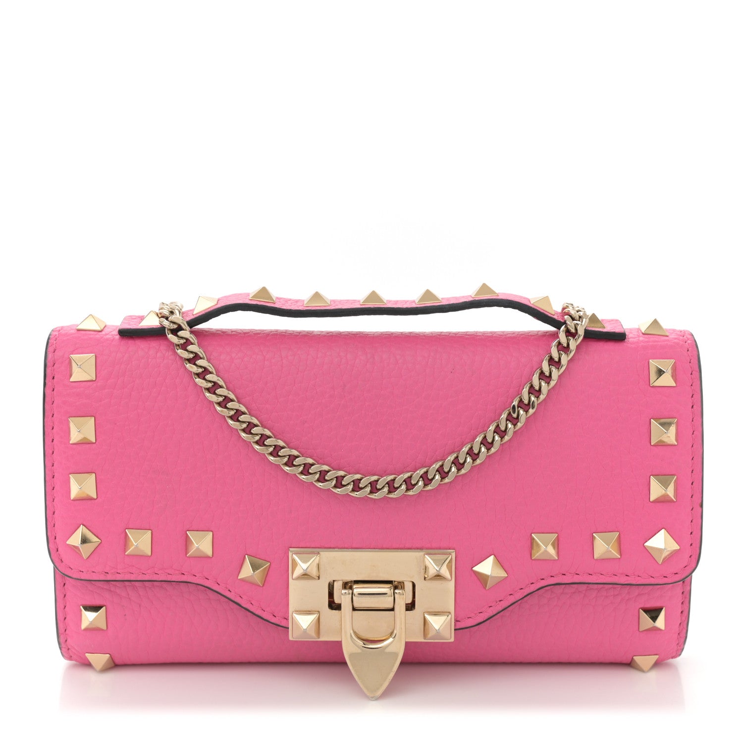 Pebbled Calfskin Rockstud Flip Lock Wallet On Chain Feminine Pink
