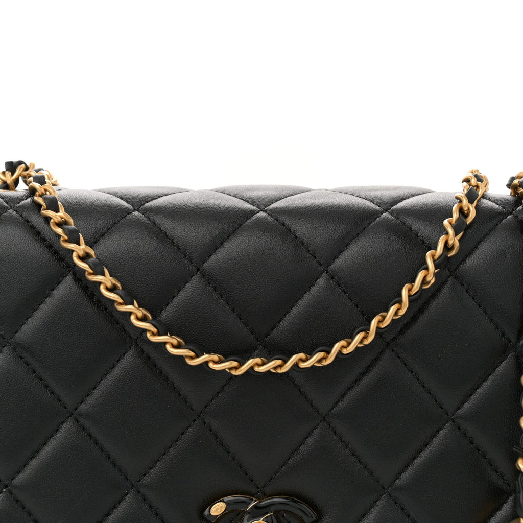 Shiny Lambskin Quilted Enamel CC Small Flap Black