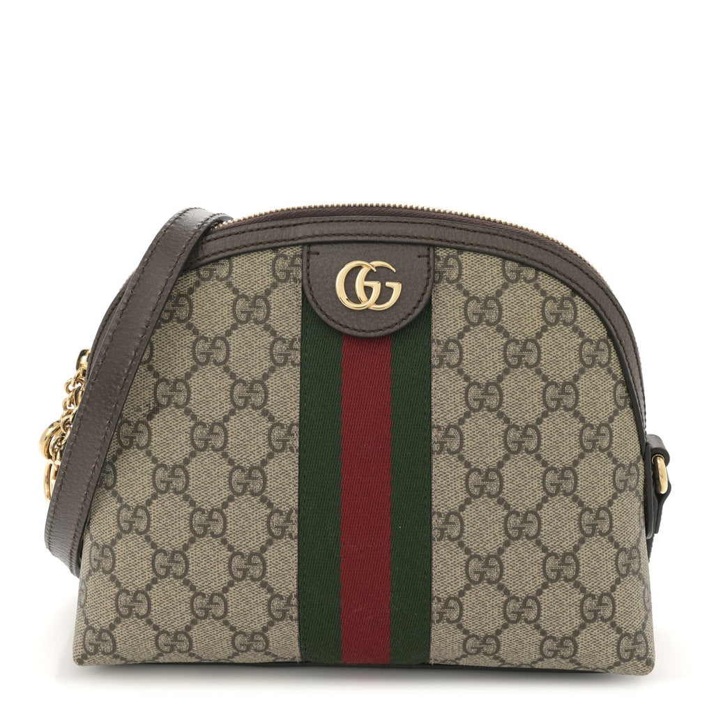 GG Supreme Monogram Textured Dollar Calfskin Web Small Ophidia Dome Shoulder Bag Beige Ebony New Acero