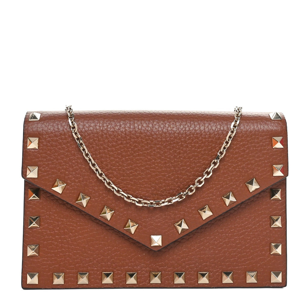 Pebbled Calfskin Rockstud Envelope Wallet on Chain Bright Cognac