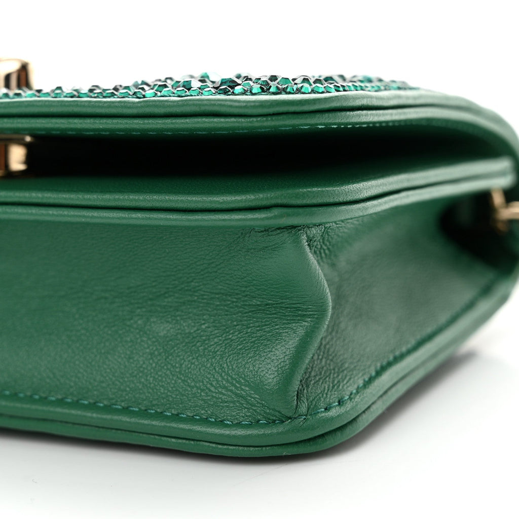 Lambskin Crystal Diamante Clutch With Chain Green