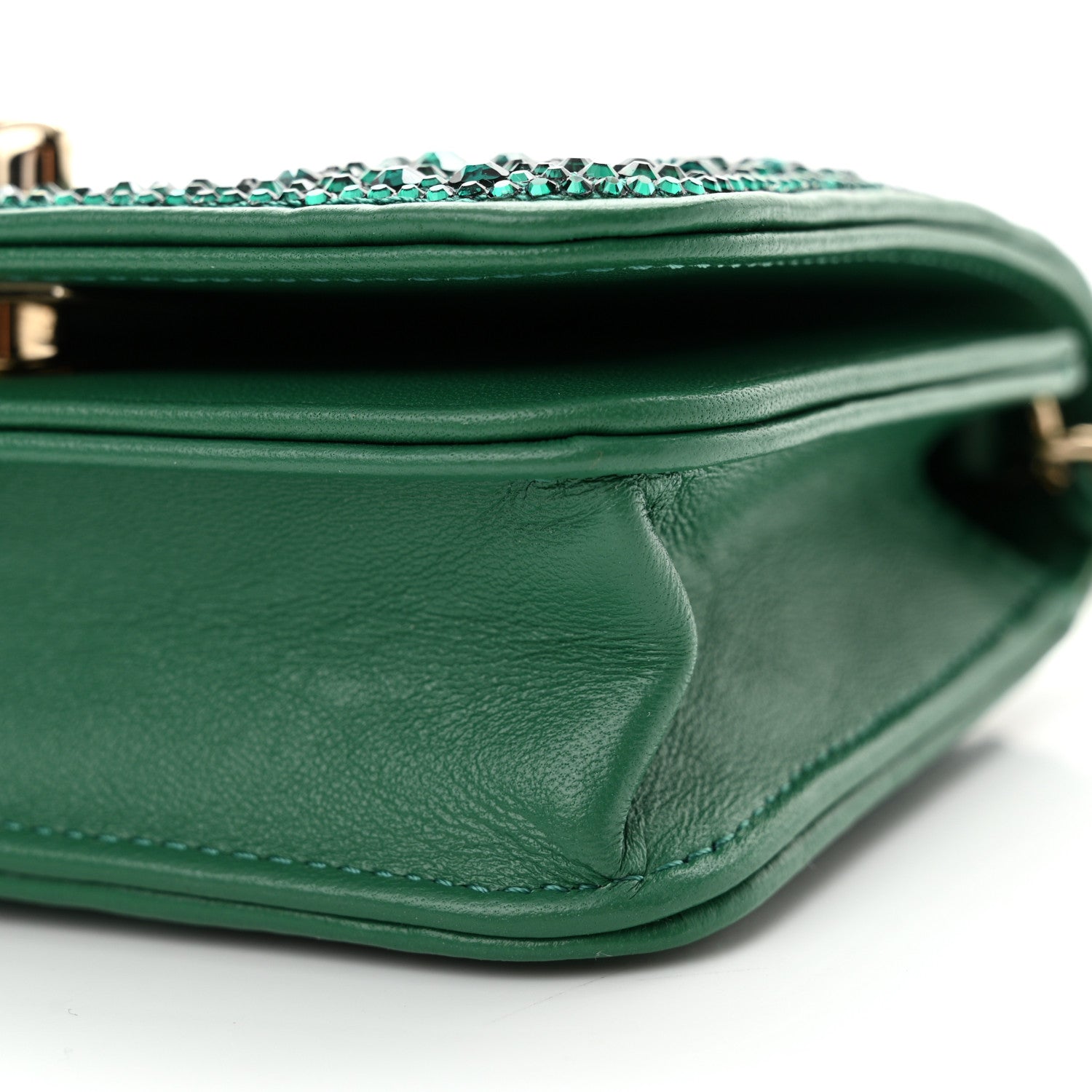 Lambskin Crystal Diamante Clutch With Chain Green