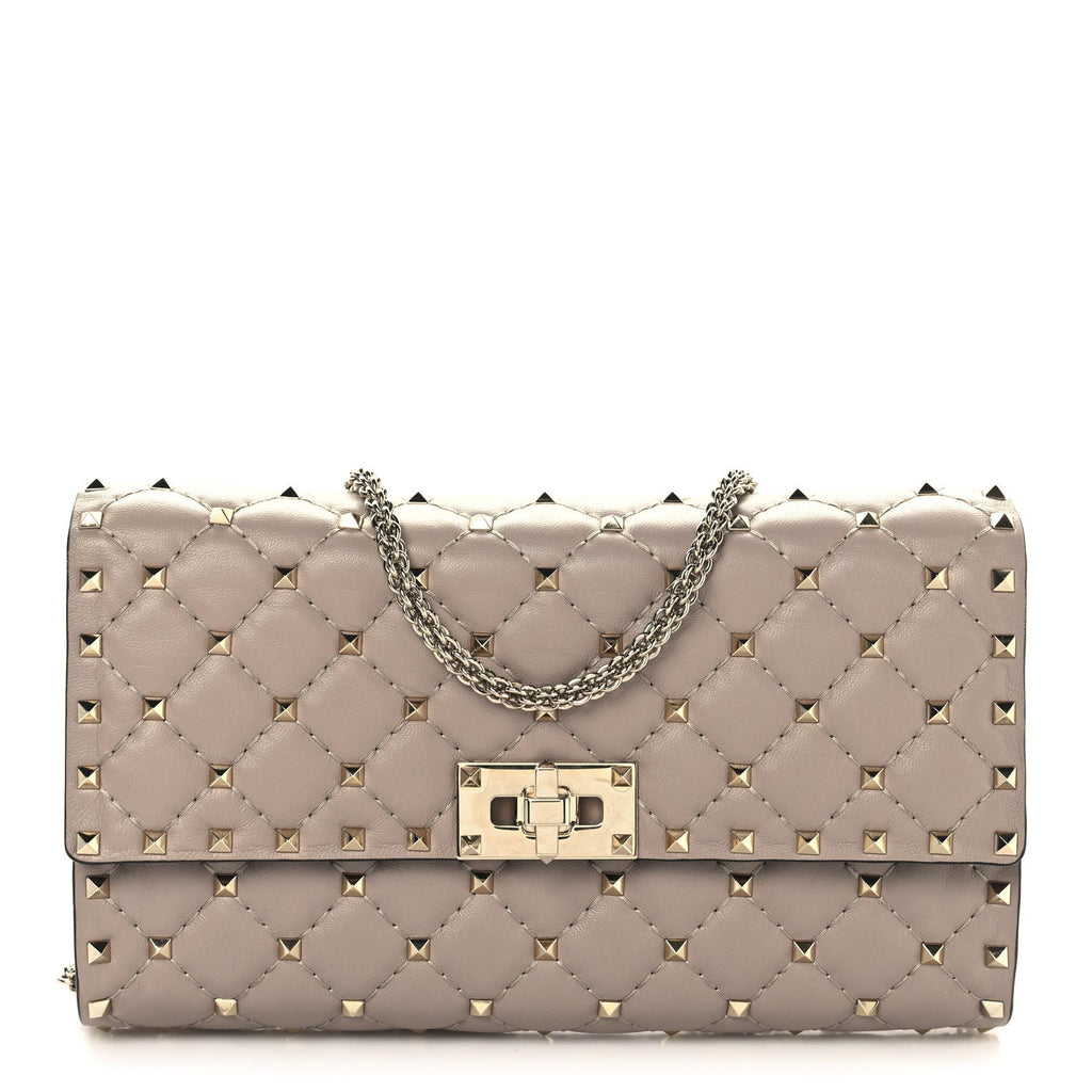 Lambskin Rockstud Spike Wallet on Chain Poudre