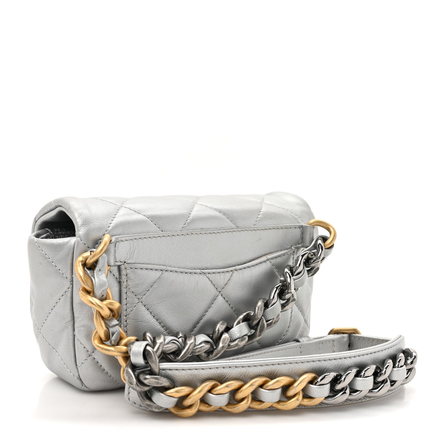 Metallic Goatskin Quilted Chanel 19 Waist Bag Silver