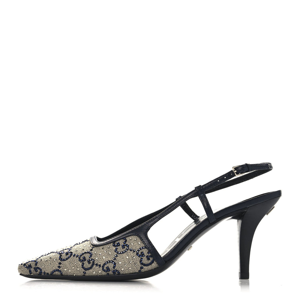 GG Monogram Malaga Kid Crystal Square G 75mm Slingback Pumps 36.5 Beige Blue