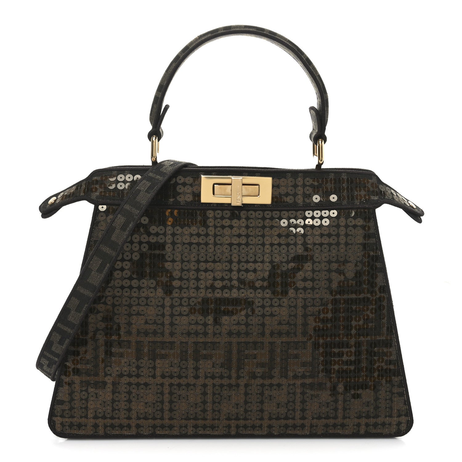 Fabric Jacquard Paillettes Vitello Seta FF 1974 Medium Peekaboo I SEE U Satchel Tobacco Moro