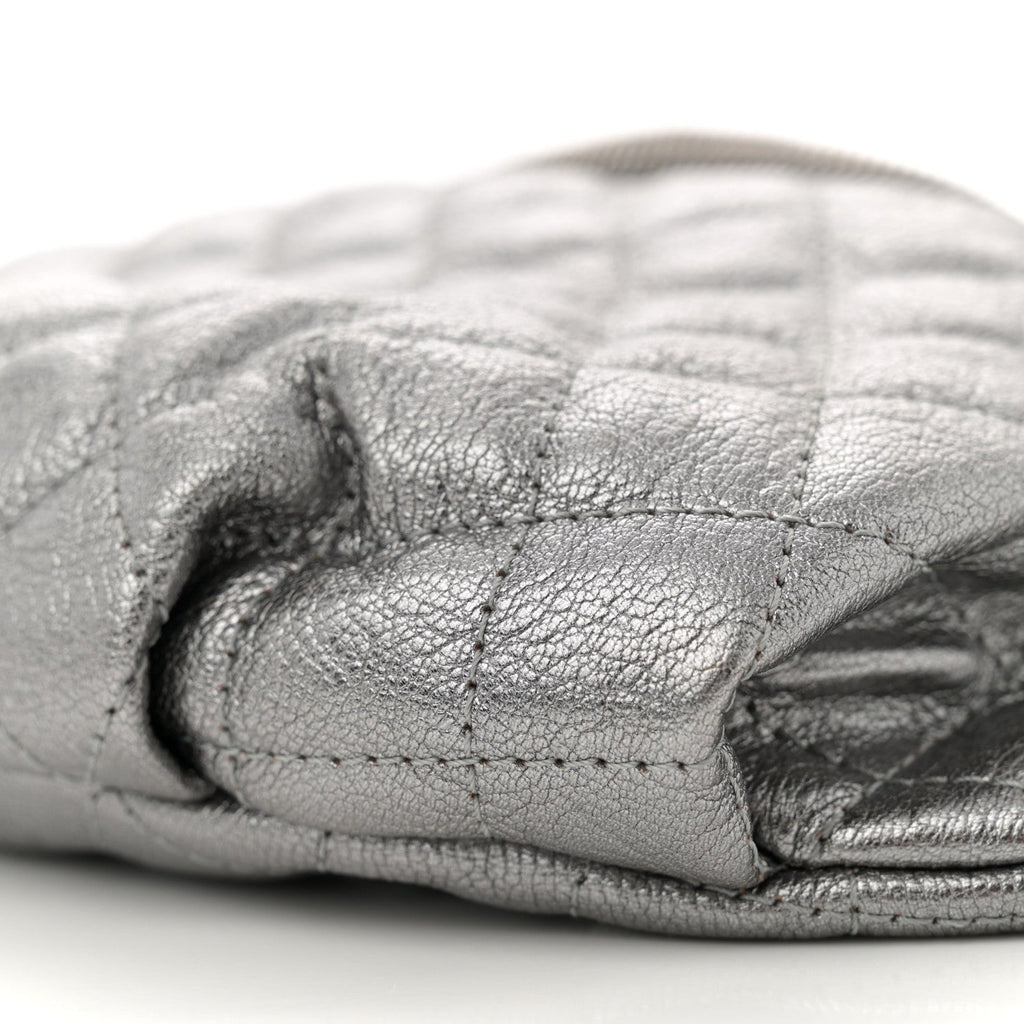 Metallic Calfskin Quilted Banane Waist Bag Fanny Pack Dark Silver