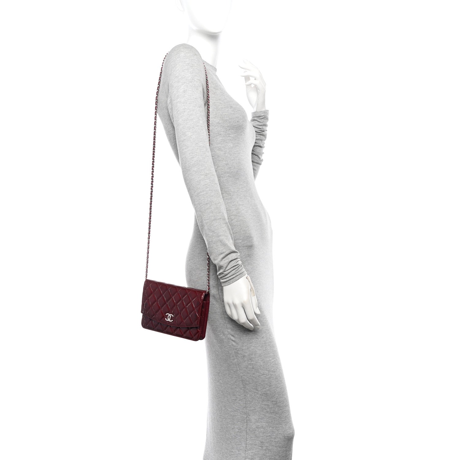 Patent Quilted Brilliant Wallet On Chain WOC Dark Burgundy