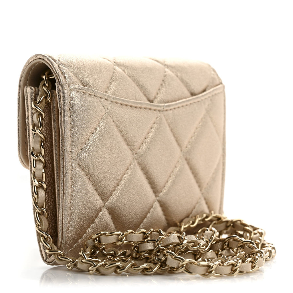 Metallic Lambskin Quilted Flap  Holder On Chain Gold