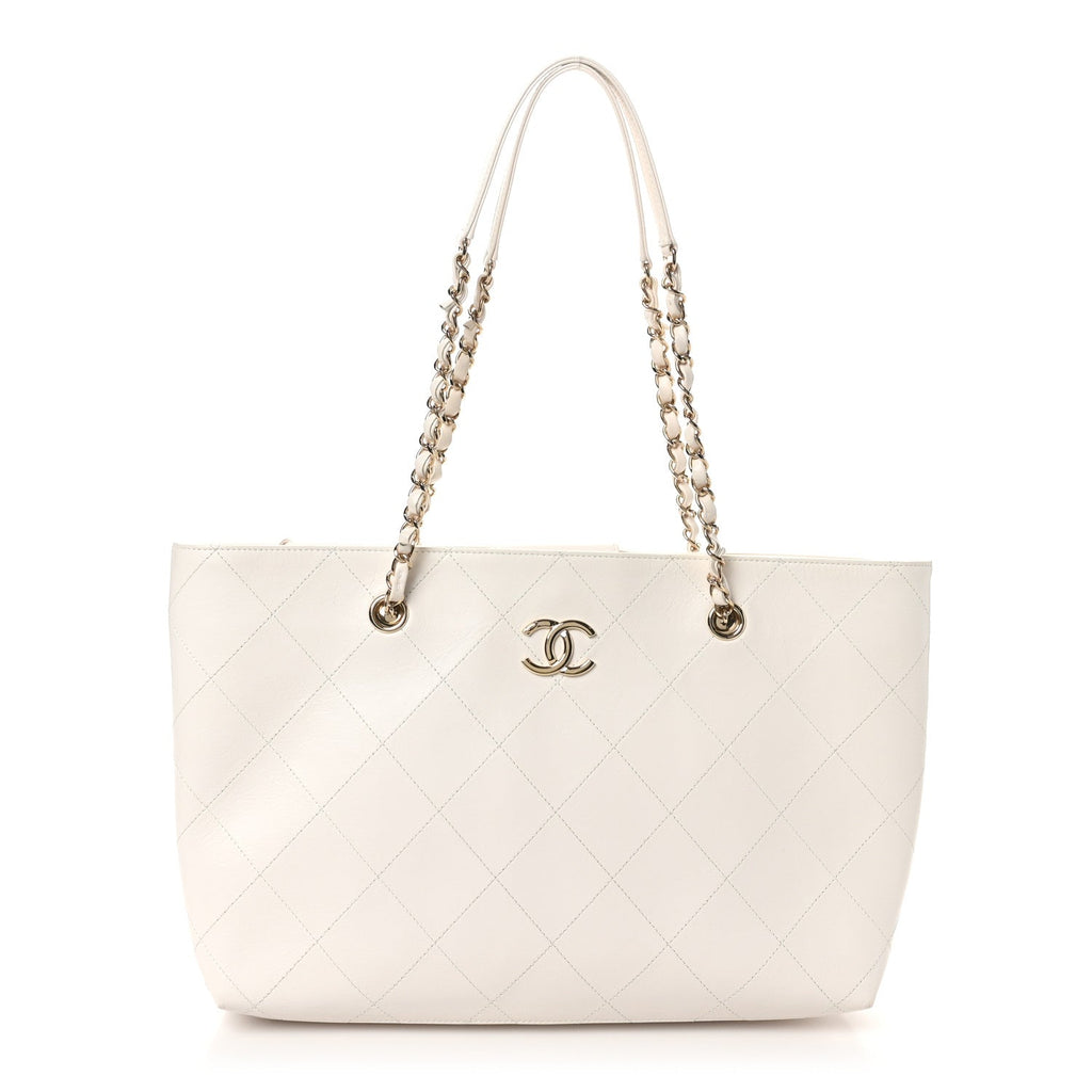 Glazed Calfskin Stitched Shopping Tote White