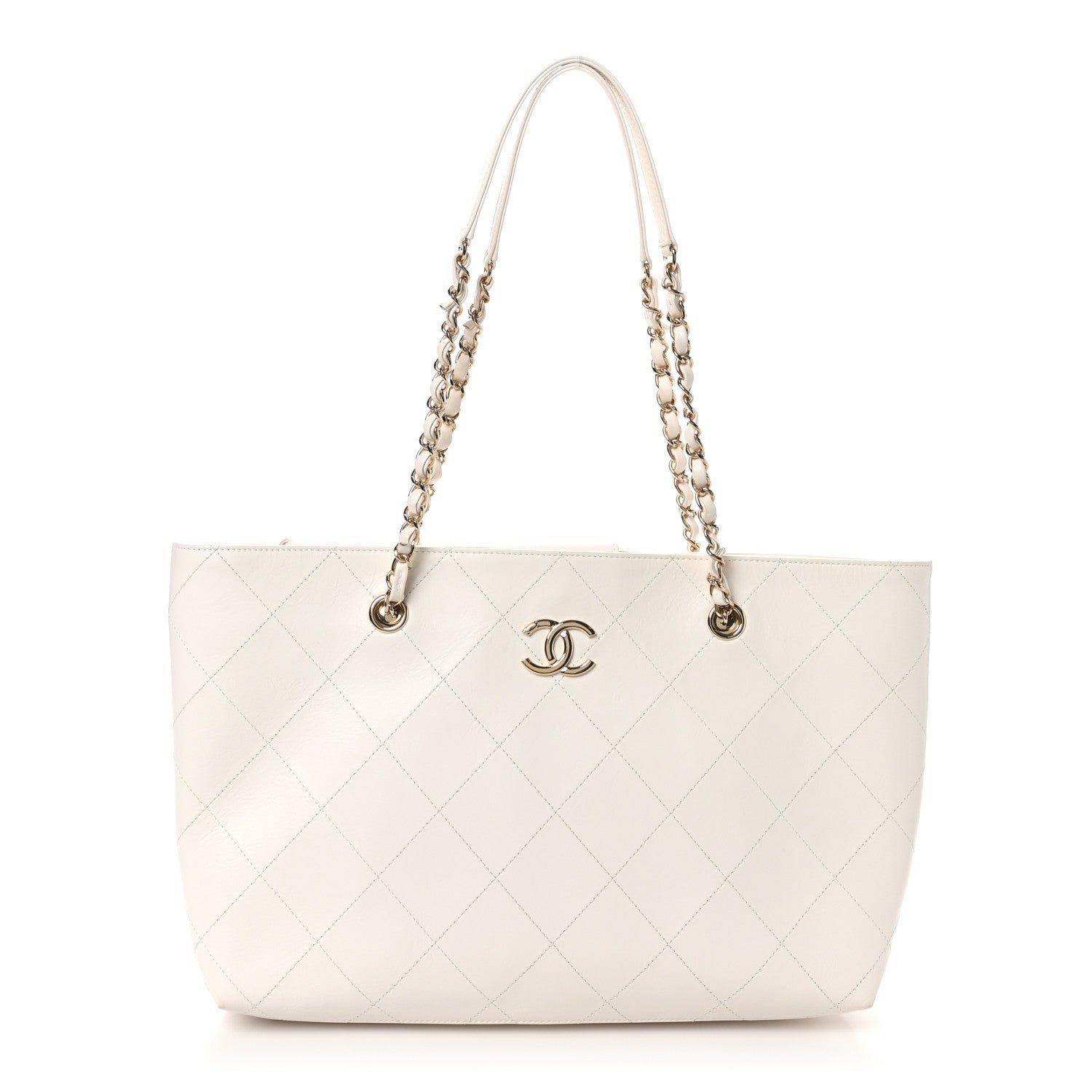 Glazed Calfskin Stitched Shopping Tote White