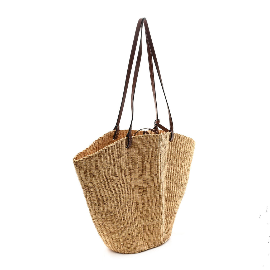 Raffia Calfskin Shell Basket Tote Natural Pecan