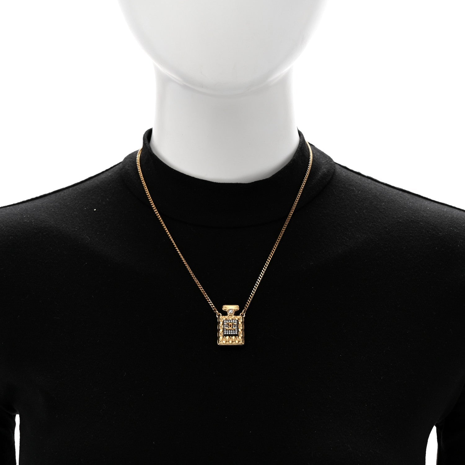 Crystal Pearl Perfume Bottle CC Necklace Black Gold