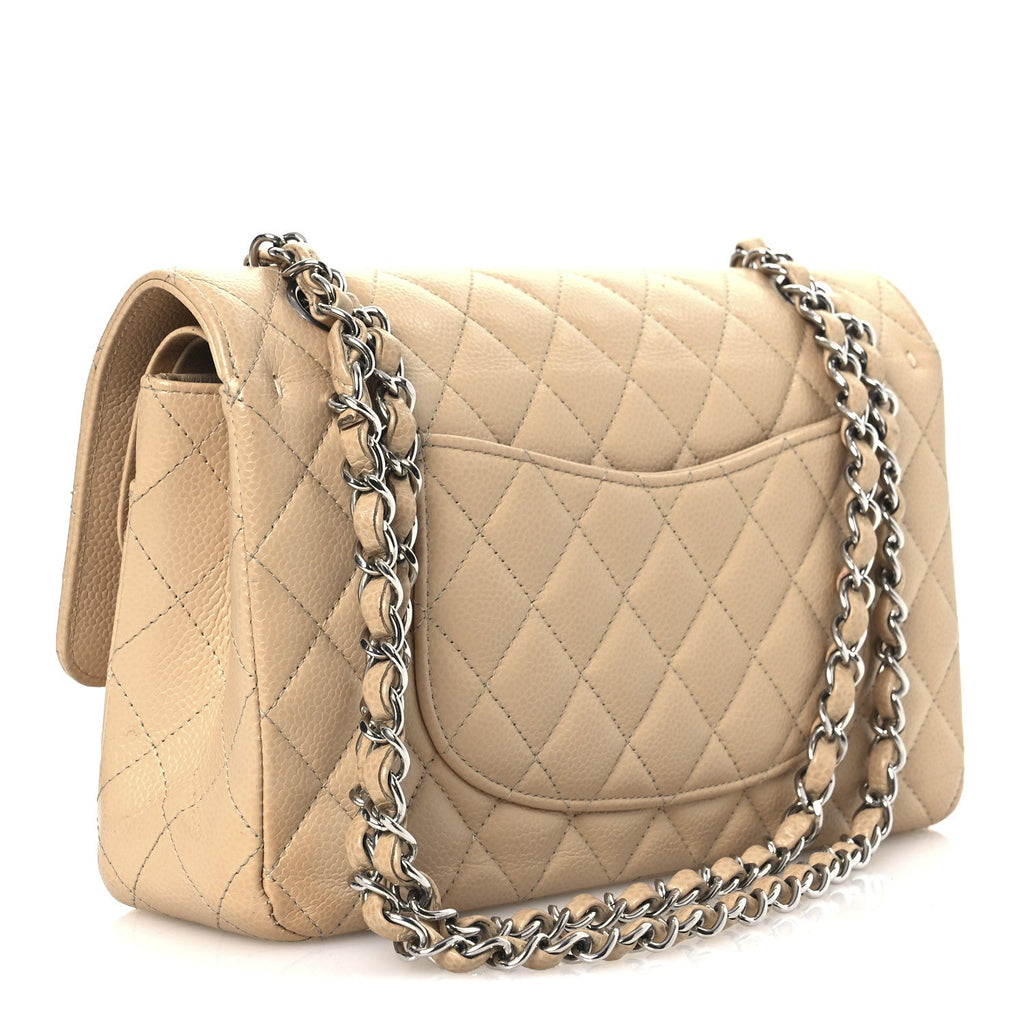 Caviar Quilted Medium Double Flap Beige