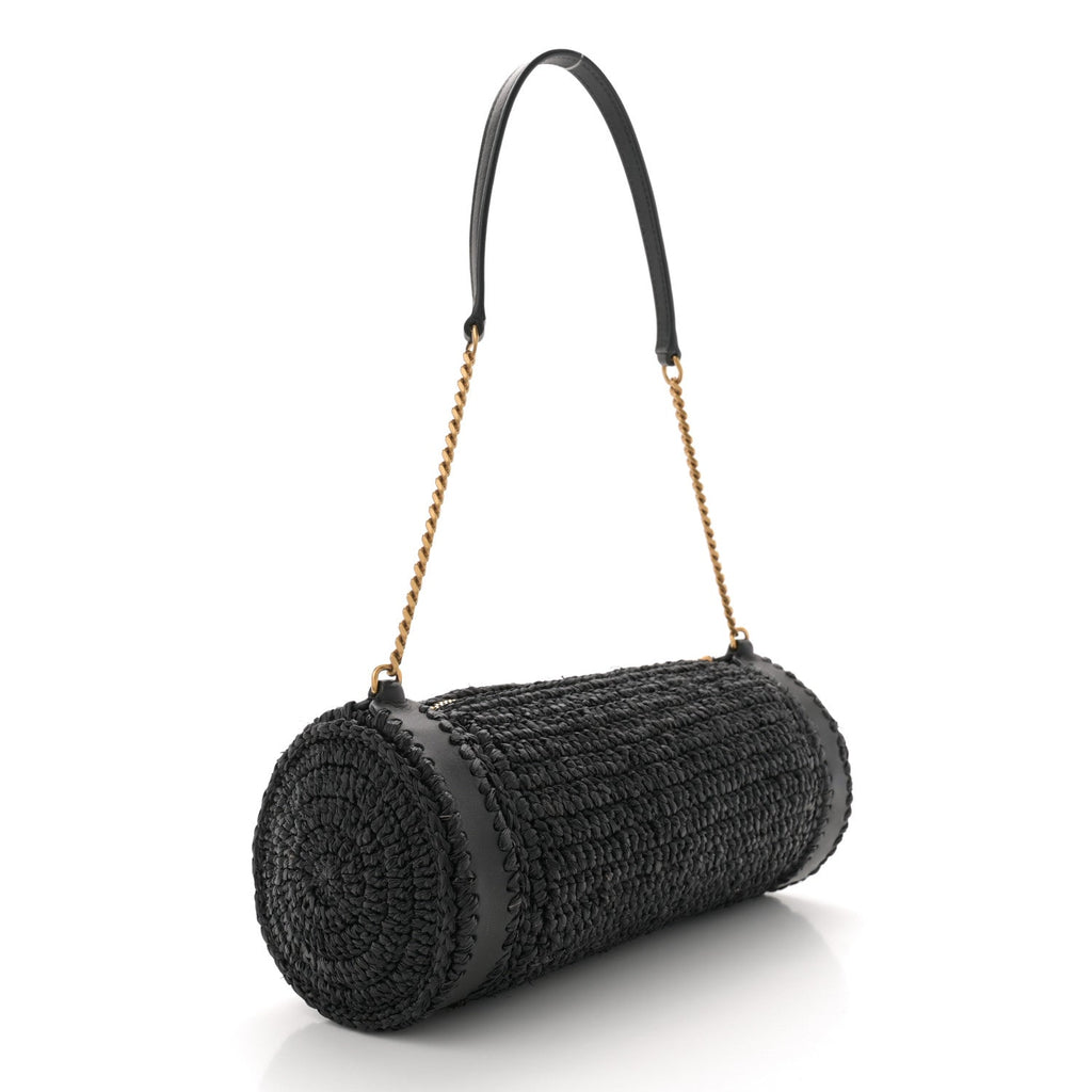 Raffia Monogram Small Cassandre Cylinder Bag Black