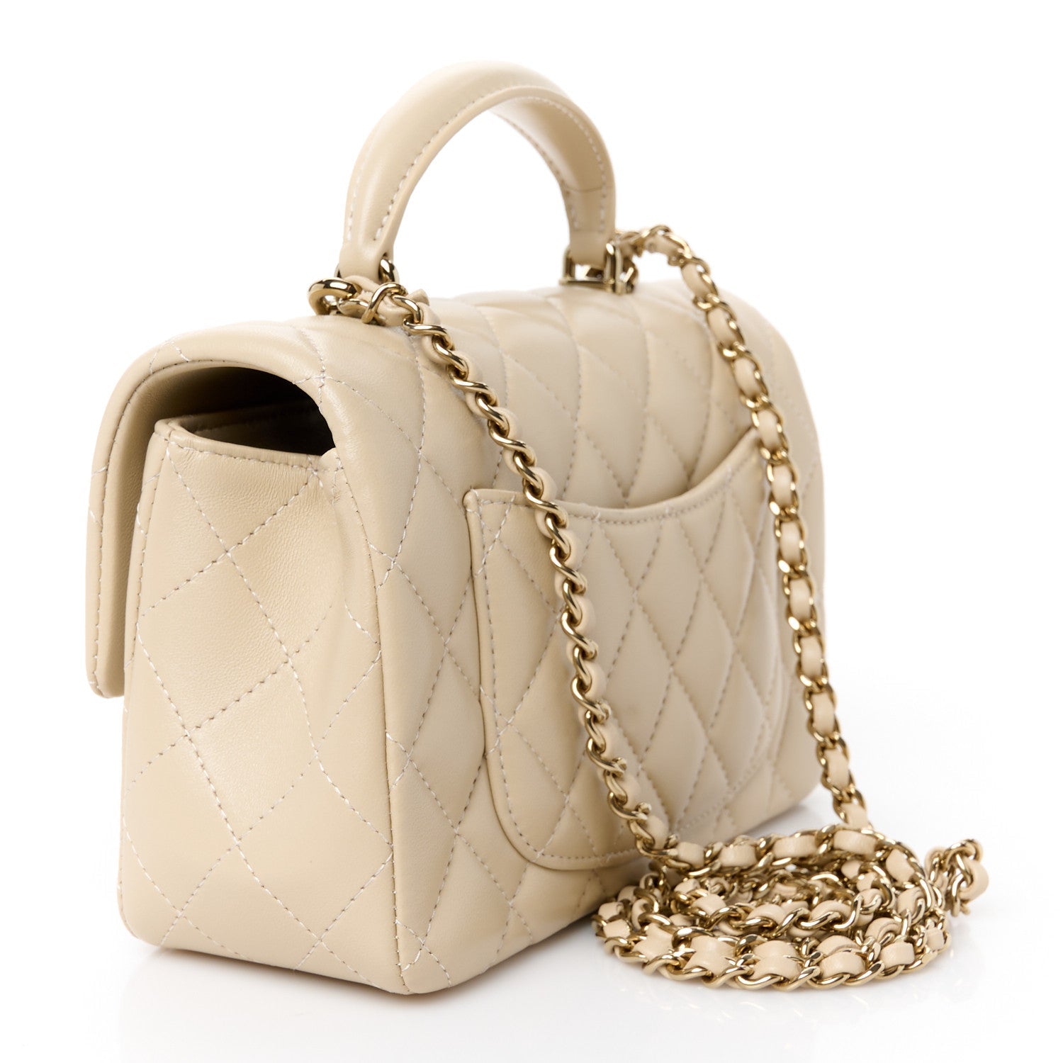 Lambskin Quilted Mini Top Handle Rectangular Flap Beige