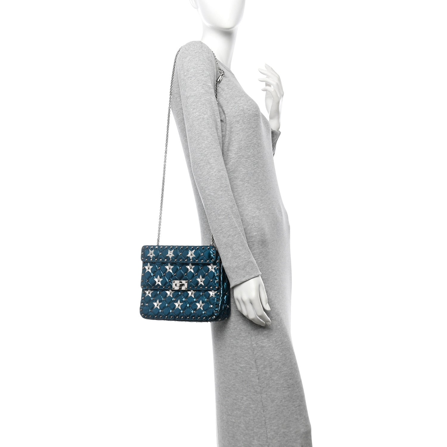Metallic Wrinkled Lambskin Star Medium Rockstud Spike Shoulder Bag Peacock