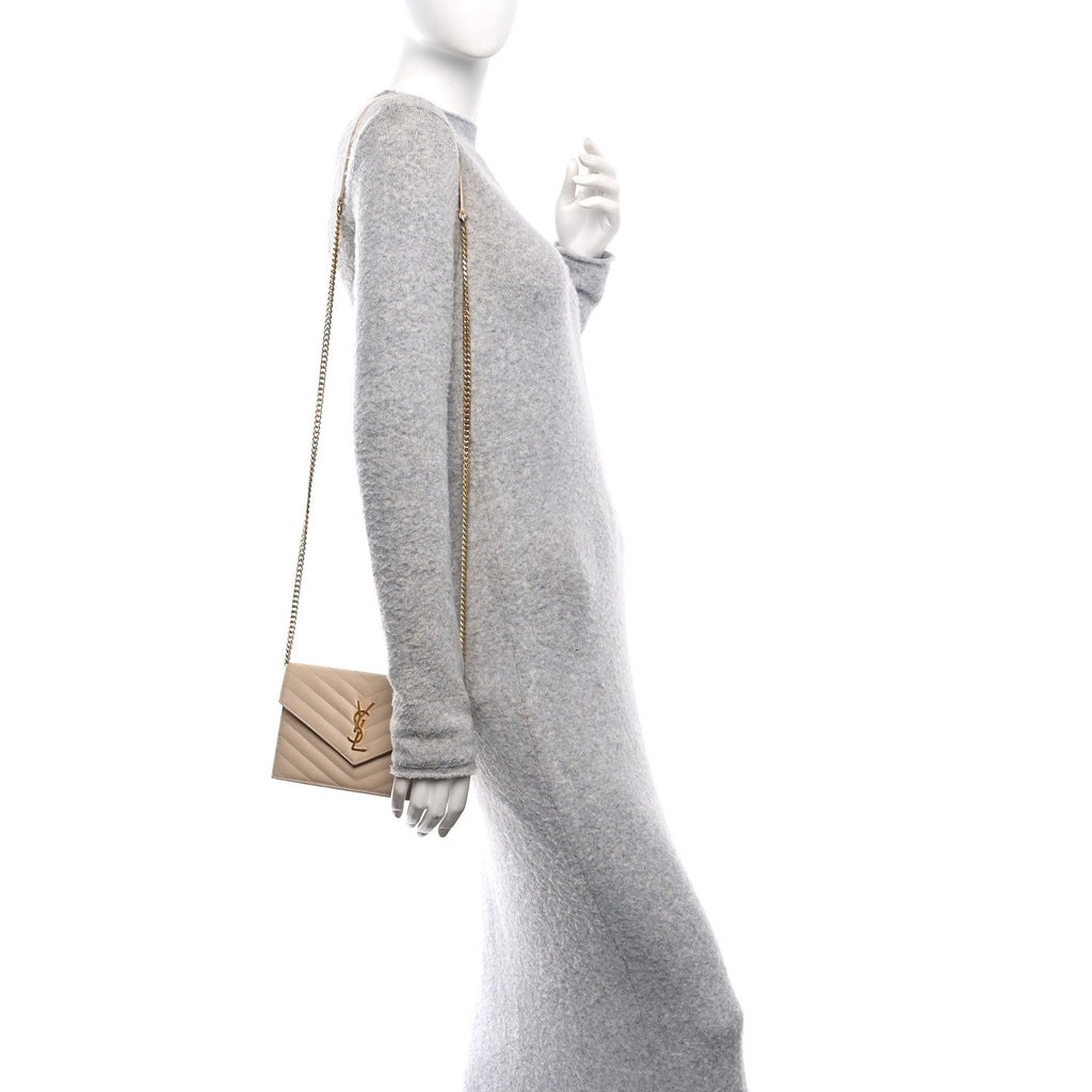 Grain De Poudre Matelasse Chevron Monogram Envelope Chain Wallet Dark Beige