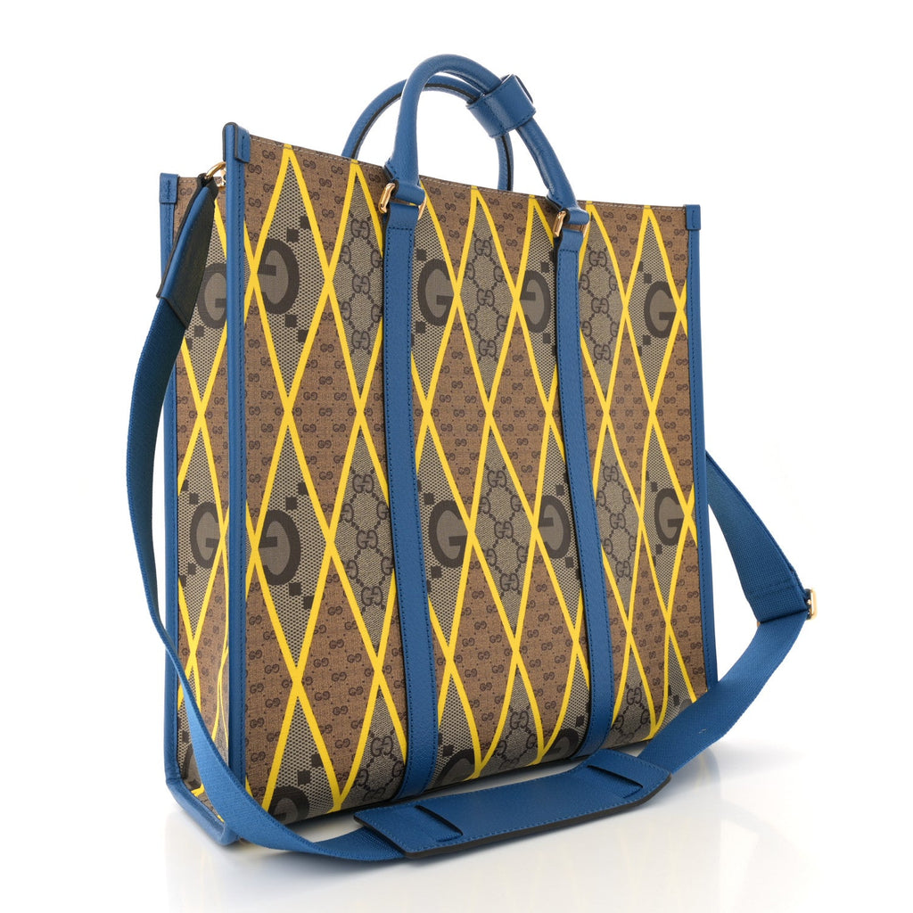 GG Supreme Monogram Mix Textured Dollar Calfskin Rhombus Inlay Large Tote Bag Beige Ebony Harvest Joy Blue