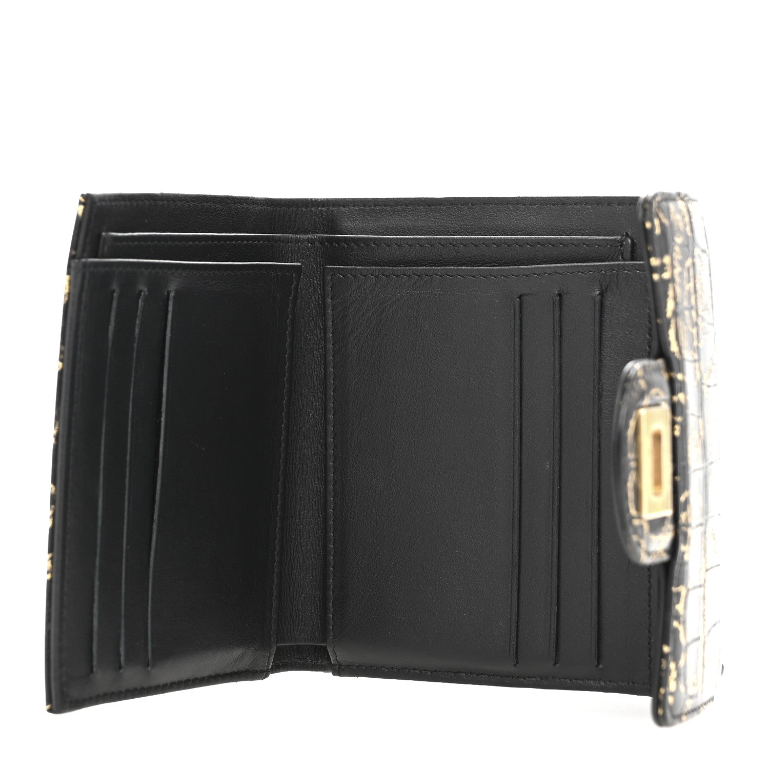Calfskin Crocodile Embossed Graffiti 2.55 Cocodile Reissue Compact Wallet Black Gold