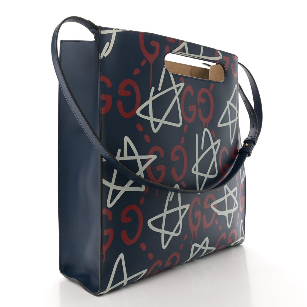 Calfskin GucciGhost Medium XL Tote Blue Agata Hibiscus Red
