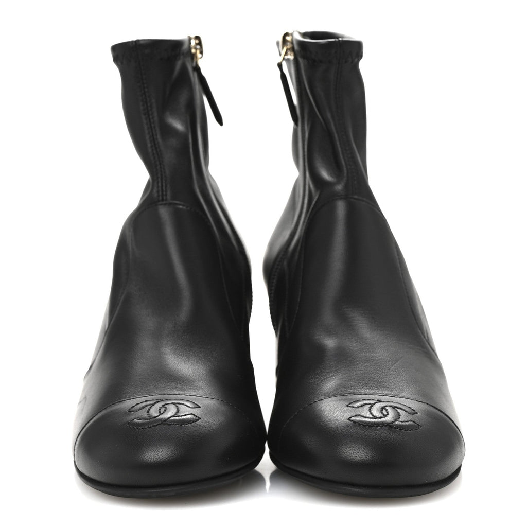 Stretch Lambskin Cap Toe CC Uniform Short Boots 37.5 Black