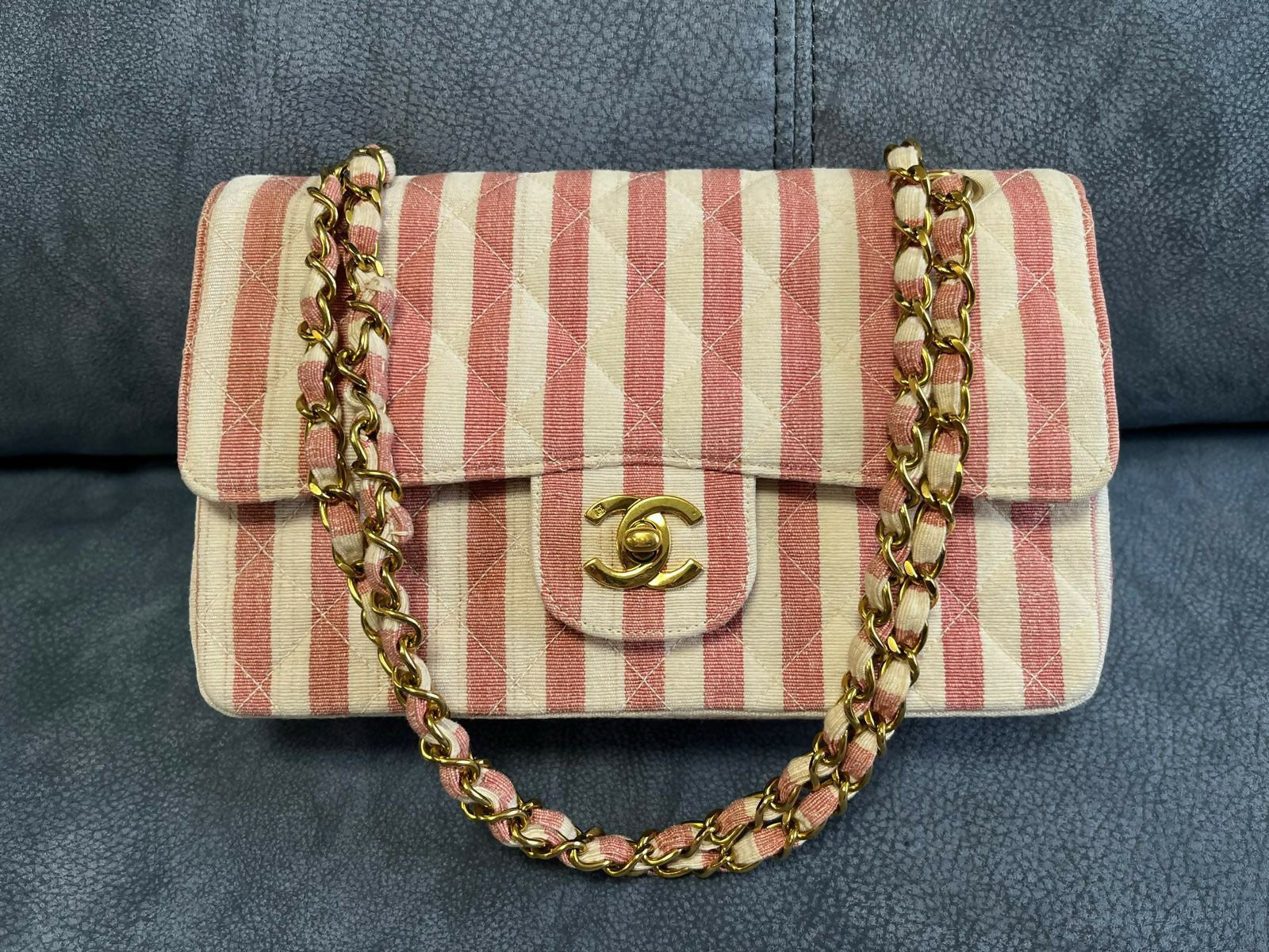 Chanel Vintage Striped Linen Classic Flap Bag