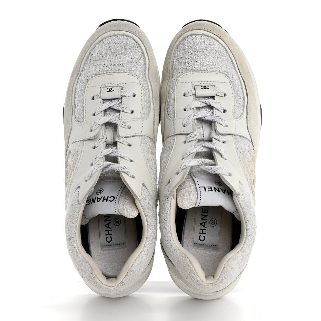 Painted Iridescent Cotton Tweed Suede Calfskin Womens CC Sneakers 39.5 White Silver Multicolor